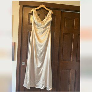 Light gold/vanilla silk maxi dress, size 10,  v neck, draped sash back